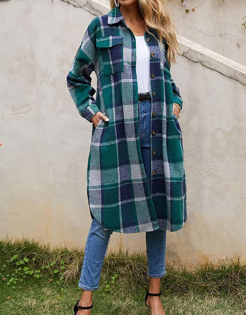 Load image into Gallery viewer, Women'S Casual Wool Blend Long Plaid Shirt Jacket Button down Pocketed Shirt Shacket
