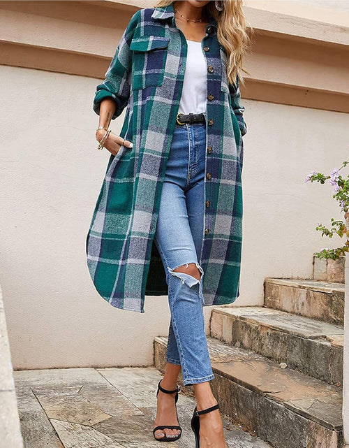 Load image into Gallery viewer, Women'S Casual Wool Blend Long Plaid Shirt Jacket Button down Pocketed Shirt Shacket
