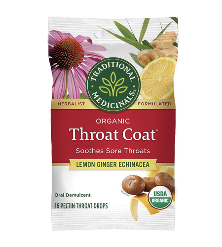 Throat Coat Organic Pectin Throat Drops, Lemon Ginger Echinacea, Soothes Sore Throats, 16Ct.