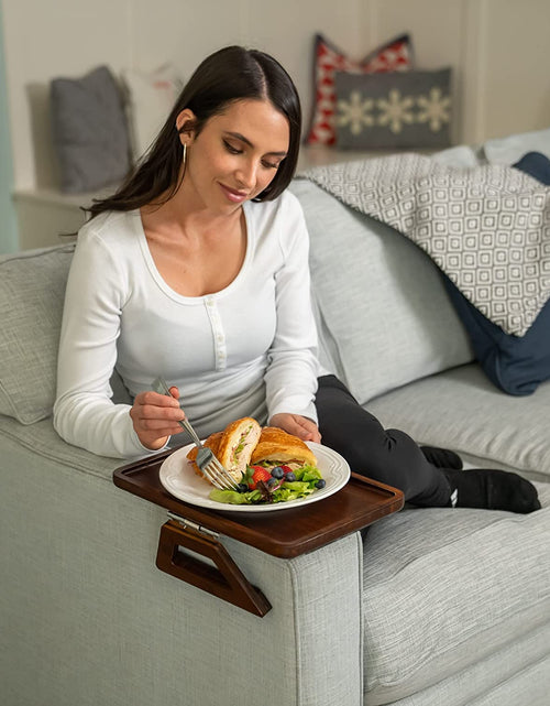 Load image into Gallery viewer, Bamboo Trayble Couch Arm Table, Clip on Tray Sofa Table for Couches. Sofa Arm Tray, Armchair Table for TV Dinners, Remotes, Drinks and Snacks - 13.75 X 9.5Inch, Brown | Clip on Tray, Sofa Table, Sofa Arm Tray, Armchair Table, TV Dinners, Remotes
