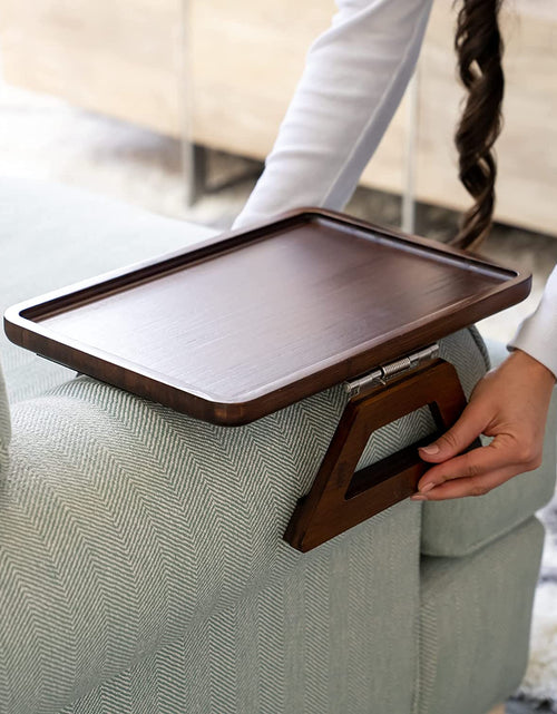 Load image into Gallery viewer, Bamboo Trayble Couch Arm Table, Clip on Tray Sofa Table for Couches. Sofa Arm Tray, Armchair Table for TV Dinners, Remotes, Drinks and Snacks - 13.75 X 9.5Inch, Brown | Clip on Tray, Sofa Table, Sofa Arm Tray, Armchair Table, TV Dinners, Remotes
