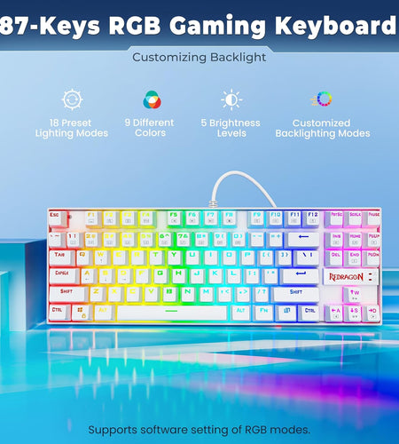 K552P Mechanical Gaming Keyboard TKL with 18 Backlight Modes, Hot-Swappable Red Switches, 87-Key Compact Ergonomic Design, N-Key Rollover & Software Programmable Macro - RGB, White