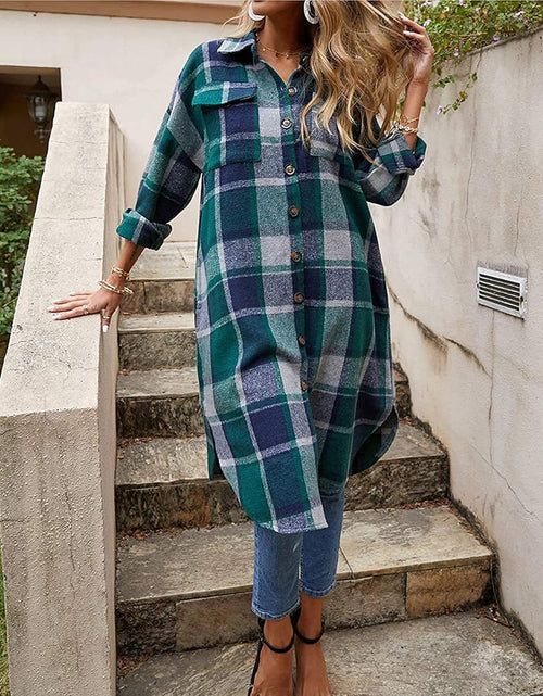 Load image into Gallery viewer, Women'S Casual Wool Blend Long Plaid Shirt Jacket Button down Pocketed Shirt Shacket

