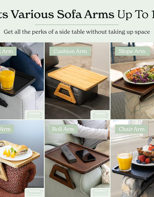 Load image into Gallery viewer, Bamboo Trayble Couch Arm Table, Clip on Tray Sofa Table for Couches. Sofa Arm Tray, Armchair Table for TV Dinners, Remotes, Drinks and Snacks - 13.75 X 9.5Inch, Brown | Clip on Tray, Sofa Table, Sofa Arm Tray, Armchair Table, TV Dinners, Remotes

