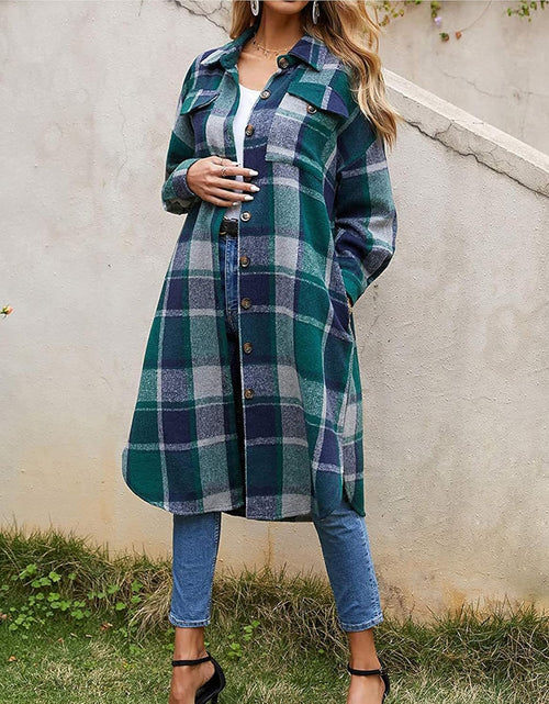 Load image into Gallery viewer, Women'S Casual Wool Blend Long Plaid Shirt Jacket Button down Pocketed Shirt Shacket
