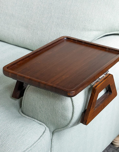 Load image into Gallery viewer, Bamboo Trayble Couch Arm Table, Clip on Tray Sofa Table for Couches. Sofa Arm Tray, Armchair Table for TV Dinners, Remotes, Drinks and Snacks - 13.75 X 9.5Inch, Brown | Clip on Tray, Sofa Table, Sofa Arm Tray, Armchair Table, TV Dinners, Remotes
